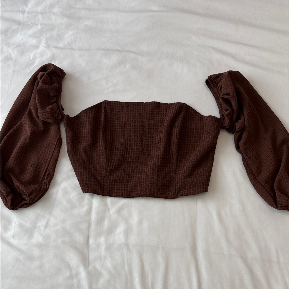 wild fable Brown Off-Shoulder Puff Sleeve Crop Top